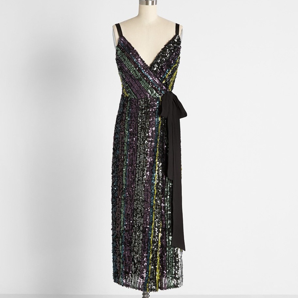 Sparkling Striation Stripe Sequin Mini Wrap Dress
